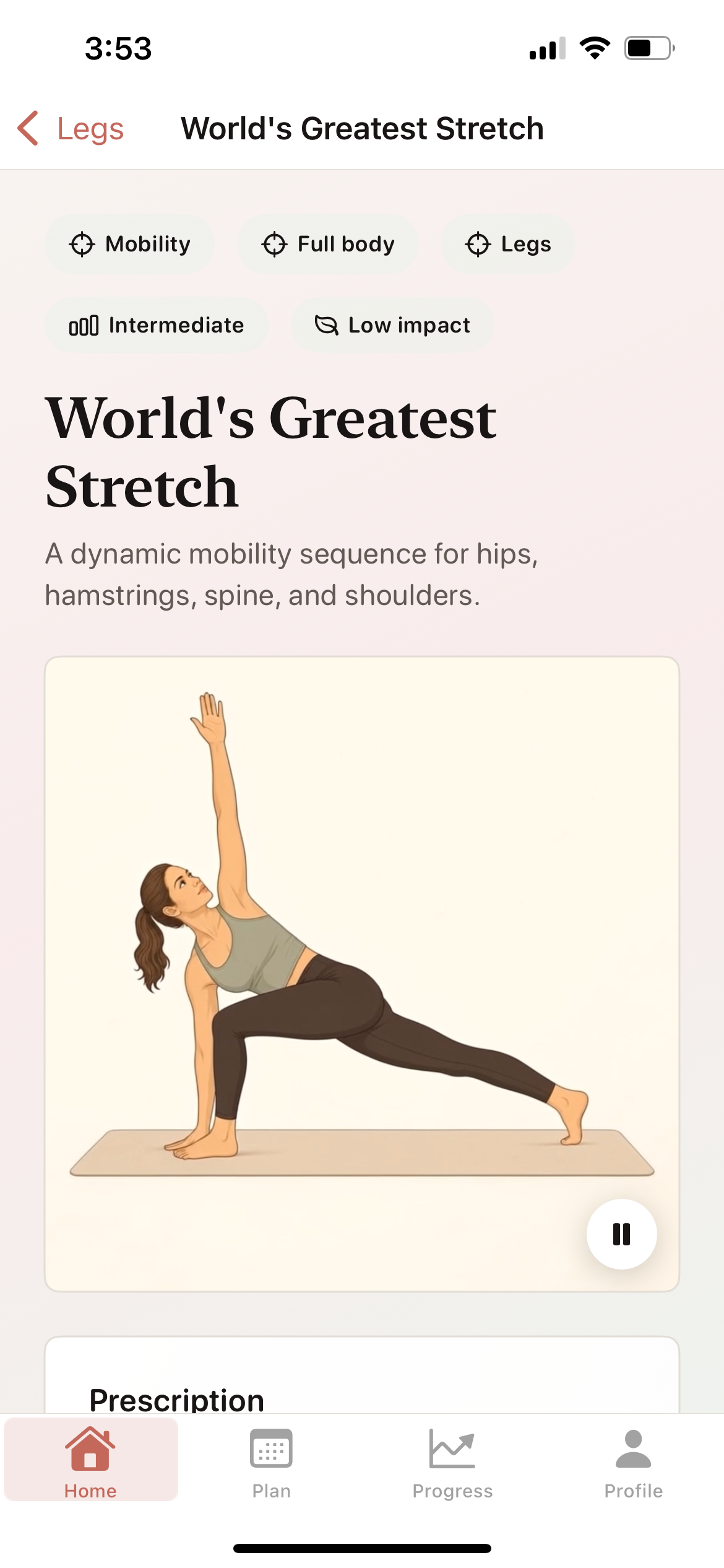 Contour exercise detail screen for World's Greatest Stretch.