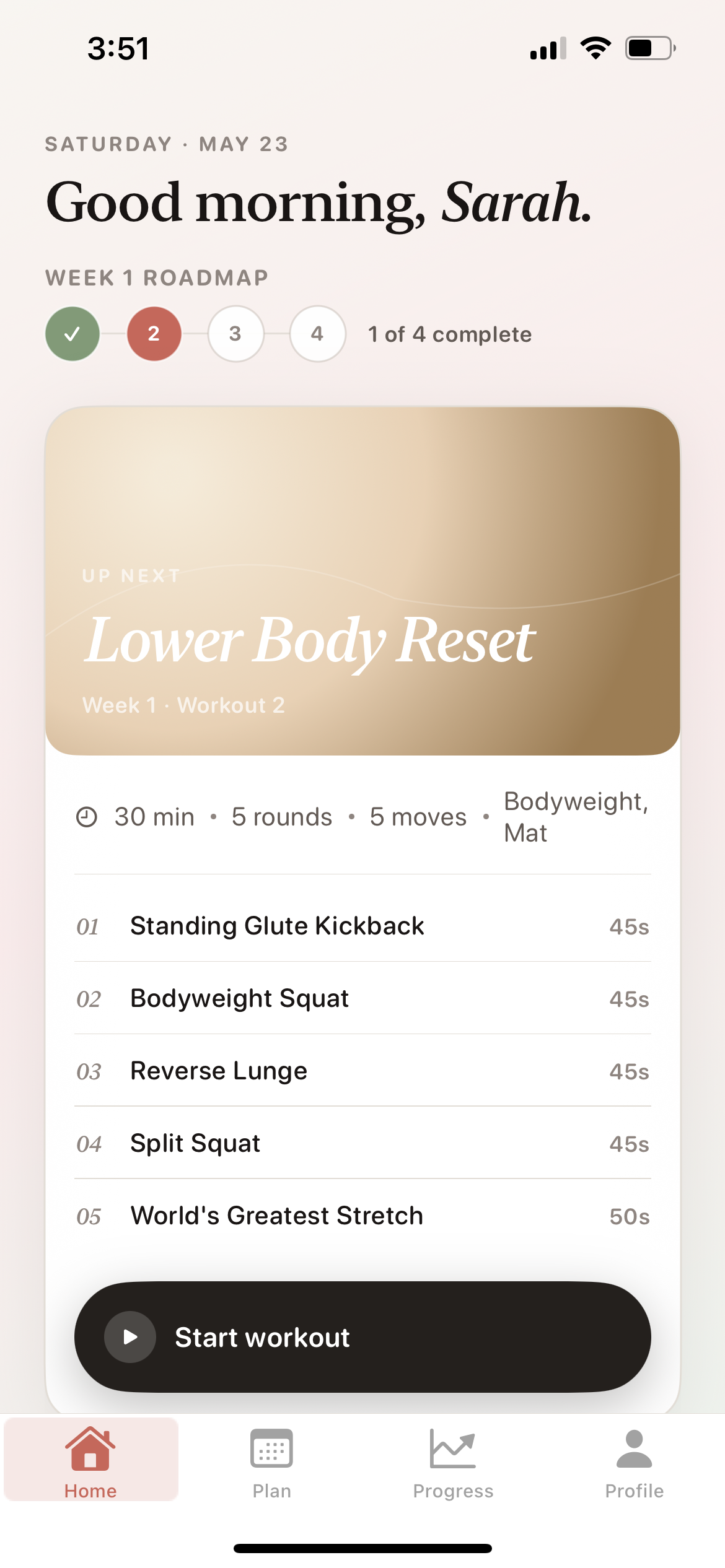 Contour home screen with a Lower Body Reset workout ready to start.