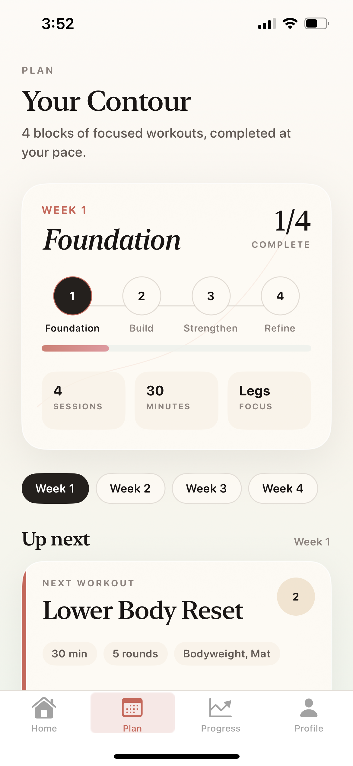 Contour plan screen showing a four-week Foundation workout block.