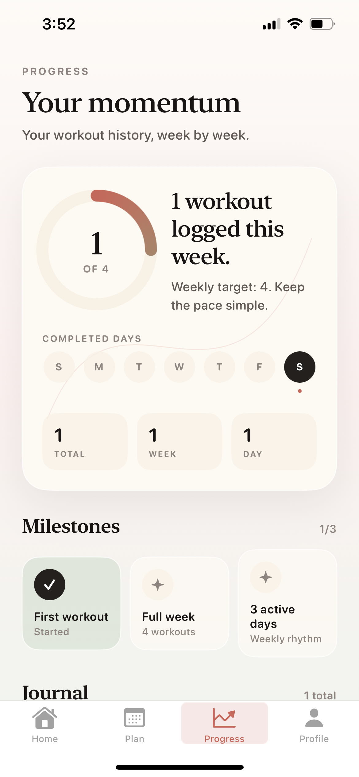 Contour progress screen showing weekly momentum and milestones.